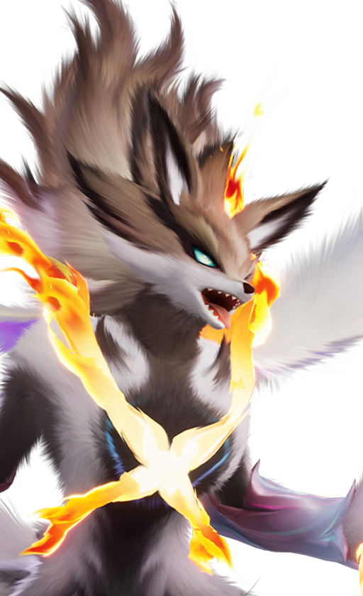 Official full-body artwork of the Aniimo Scorchhowl in its Prismana Form, a Fire element DPS role creature