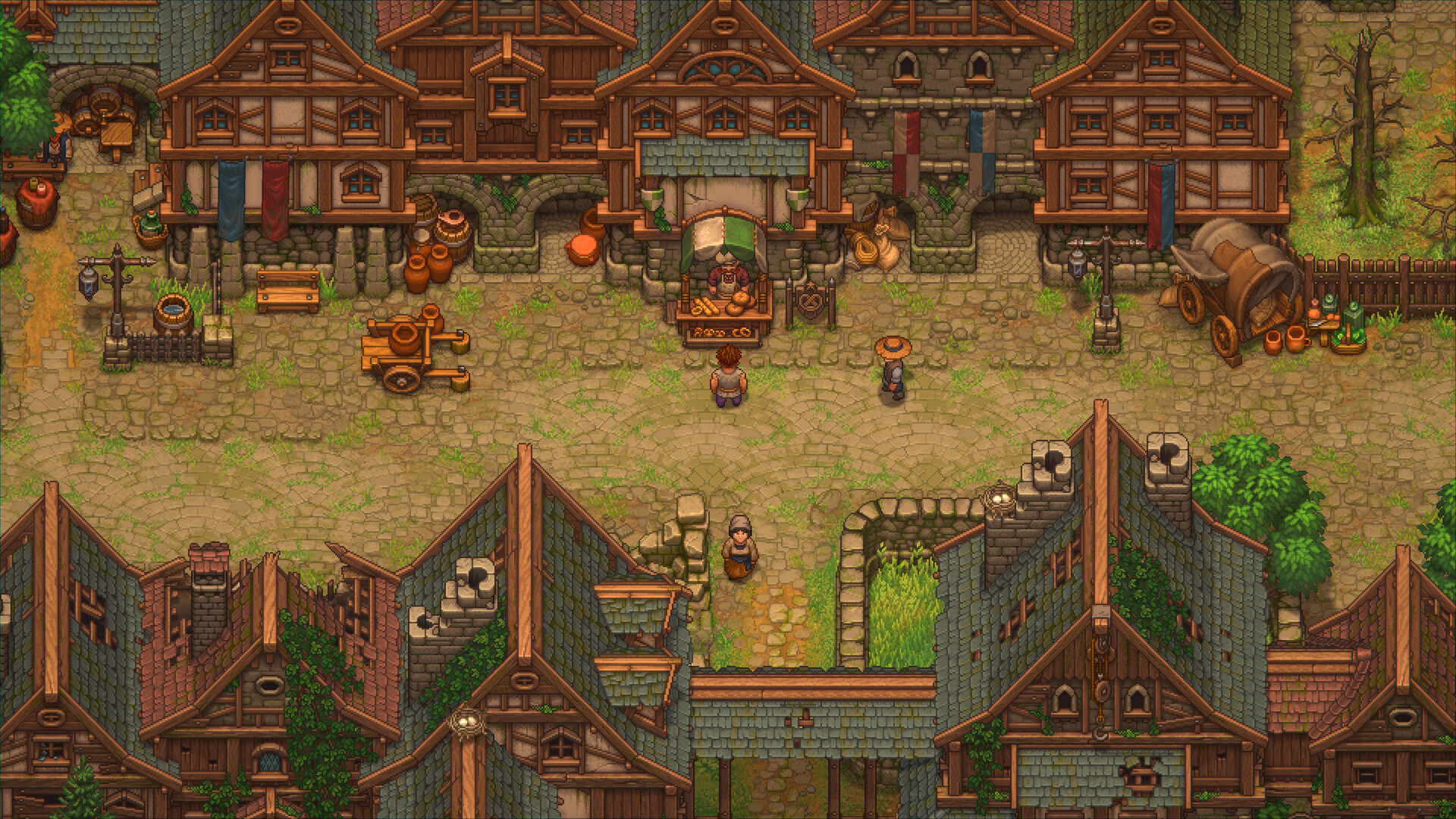 Graveyard Keeper 2 demo screenshot of a restored street in The Town, with a bread stall under an awning, townsfolk walking between timber-framed houses and a covered wagon by the gate