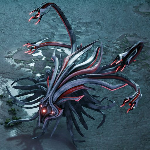 Xol faction artwork showing a black and red mechanical figure with multiple blades