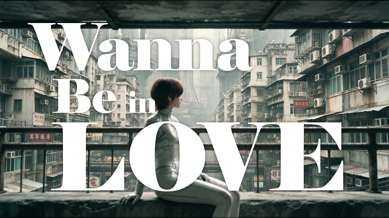 Title card from the "Wanna be in LOVE" video, Evie seated above a tenement canyon