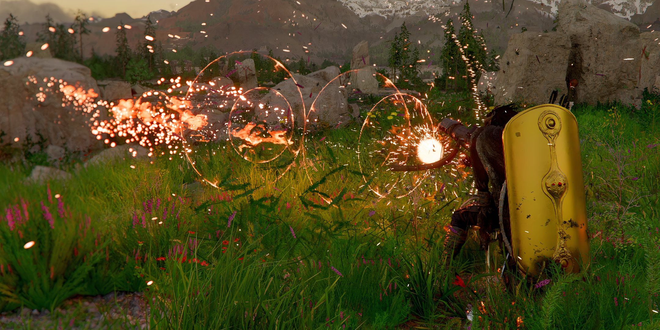 Fire elemental attack (Flame Strike) engulfing enemies in flames during combat in Crimson Desert