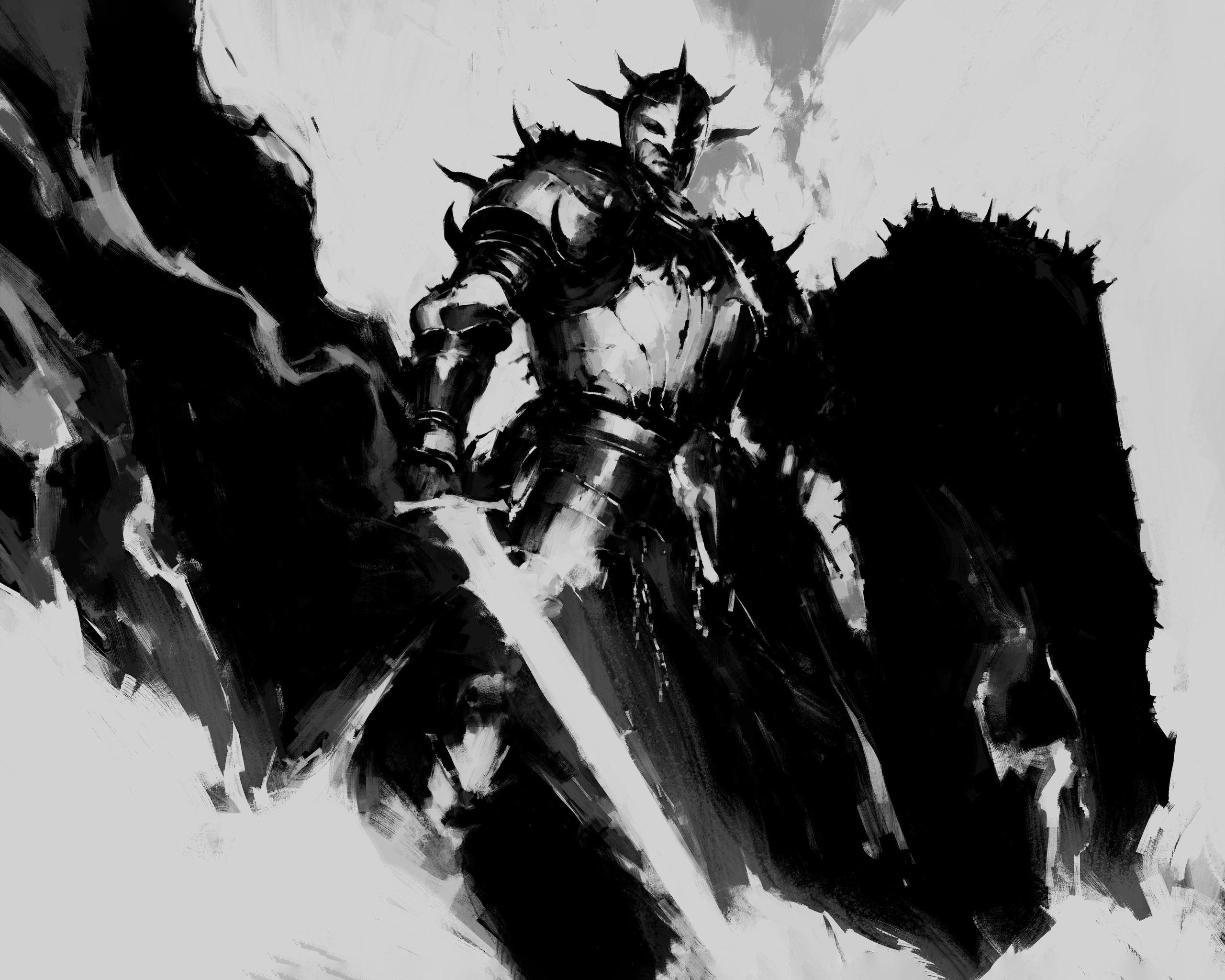 Black-and-white concept sketch of the Plague Knight, a heavily armoured figure with a spiked helm gripping a large sword