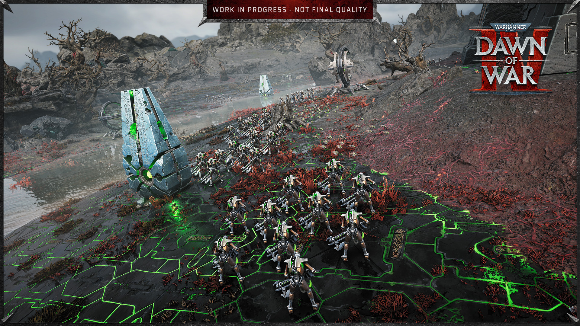 A column of Necron warriors advancing over the green hexagonal Power Matrix toward tomb structures in Warhammer 40,000: Dawn of War IV