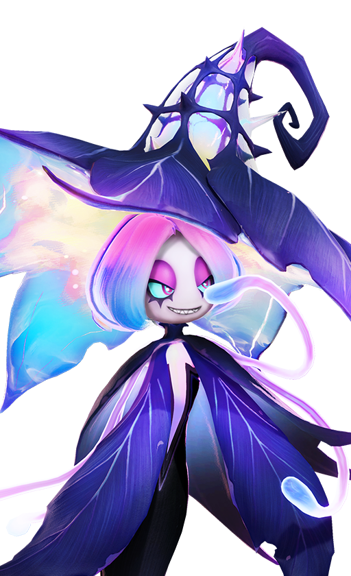 Official full-body artwork of the Aniimo Witchin in its Prismana Form, a Dark and Grass element Energy role creature