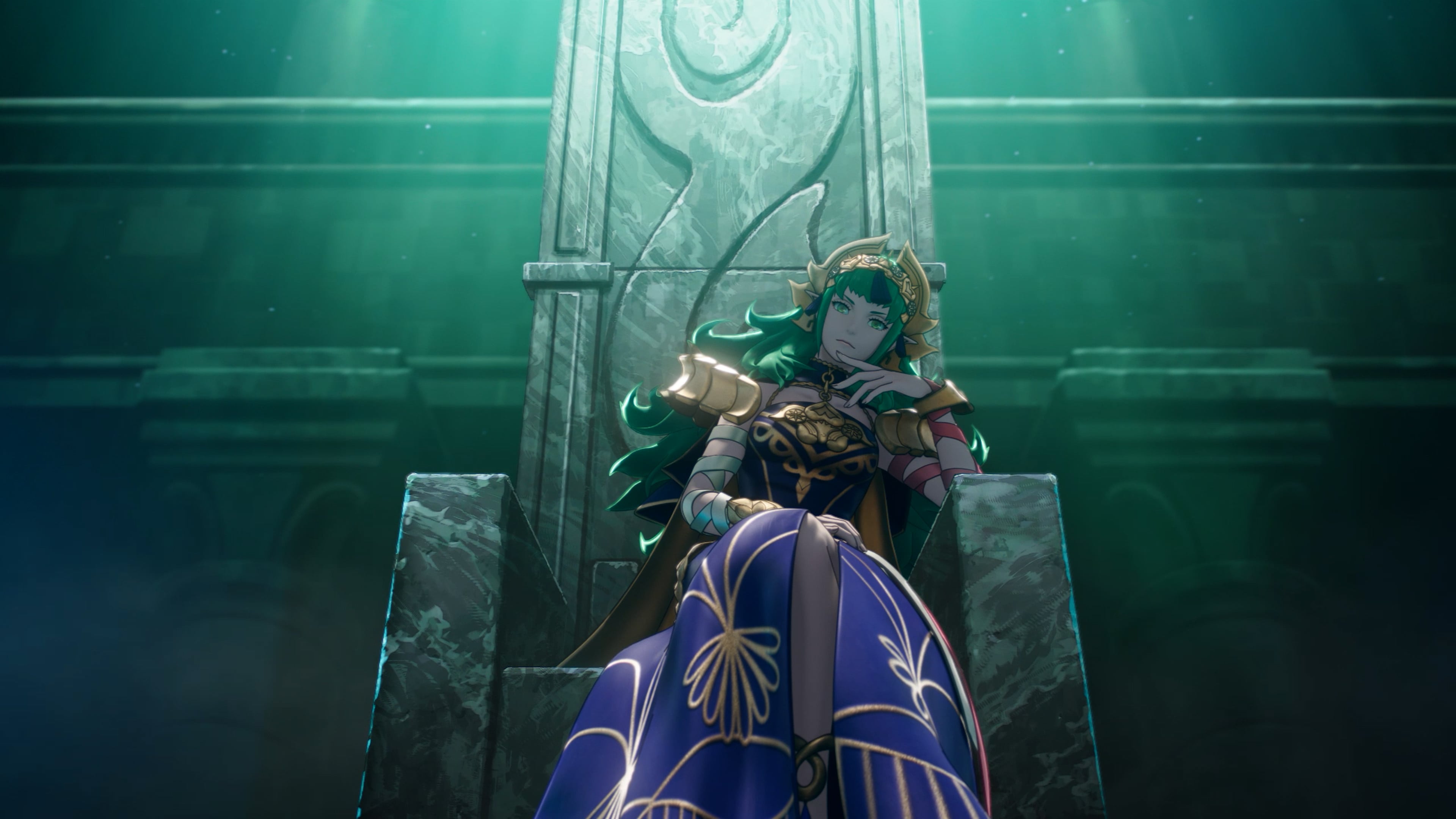 A green-haired figure in a gold laurel crown seated on a massive stone throne in a green-lit hall