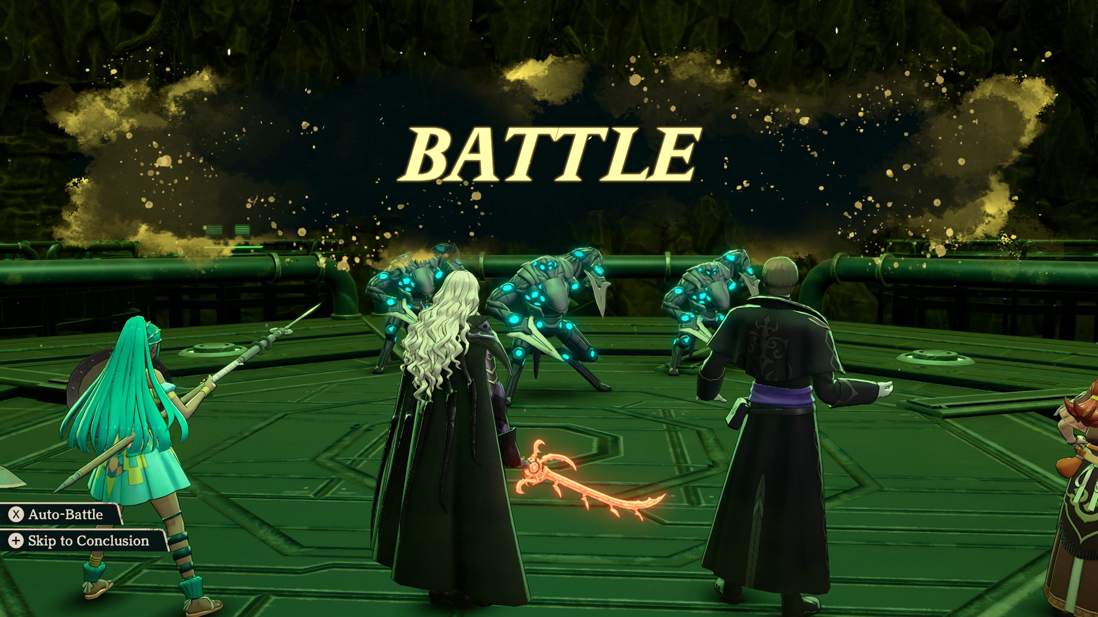 A Battle title card over a green machine hall where glowing mechanical constructs face the party