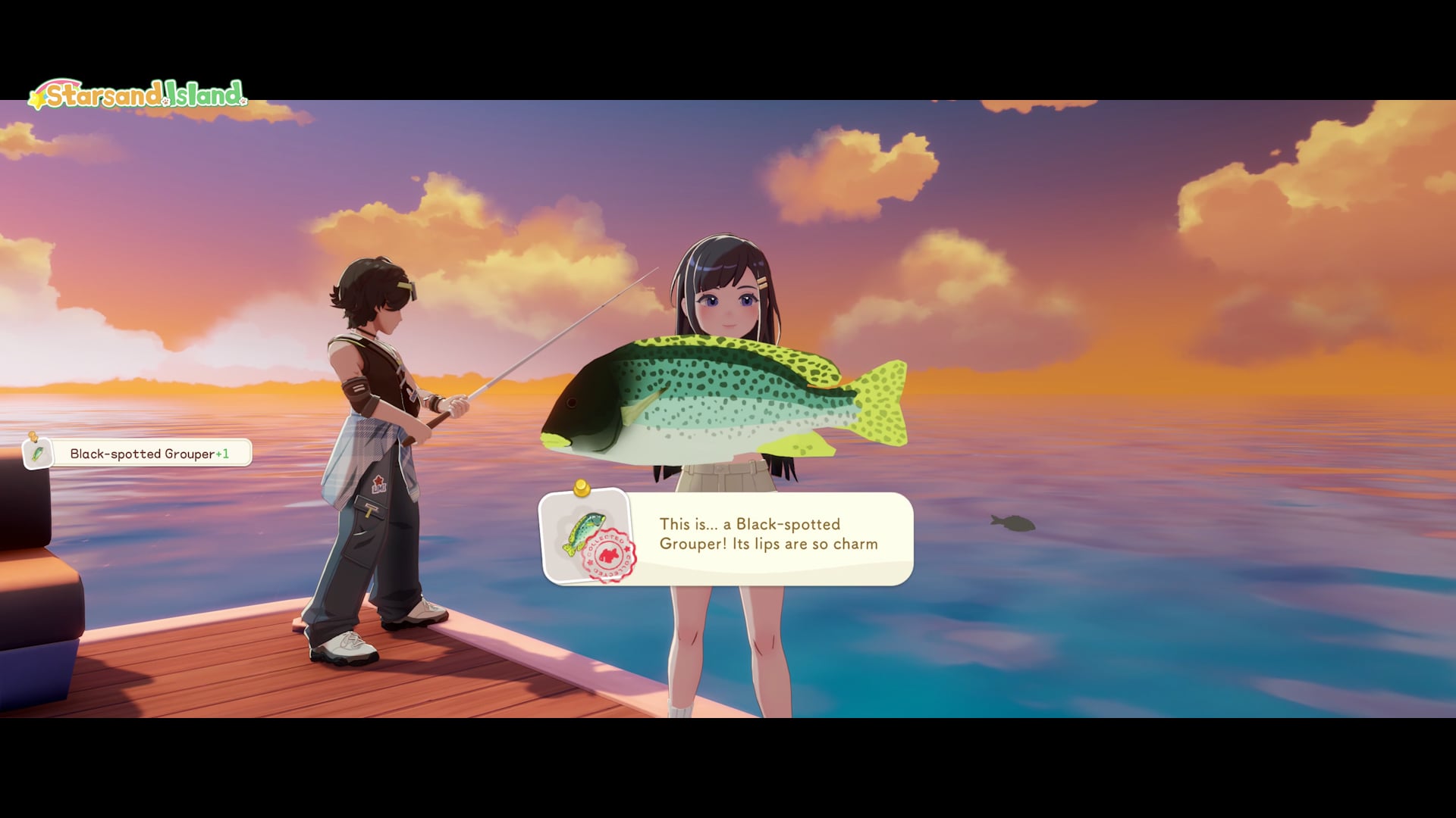 Catching a Black-spotted Grouper while fishing from a boat at sunset