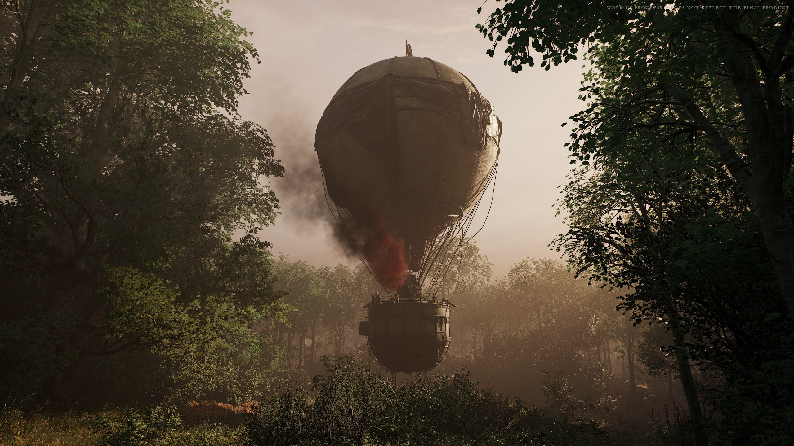 An extraction balloon descending into a forested clearing at dusk, red smoke trailing from its basket