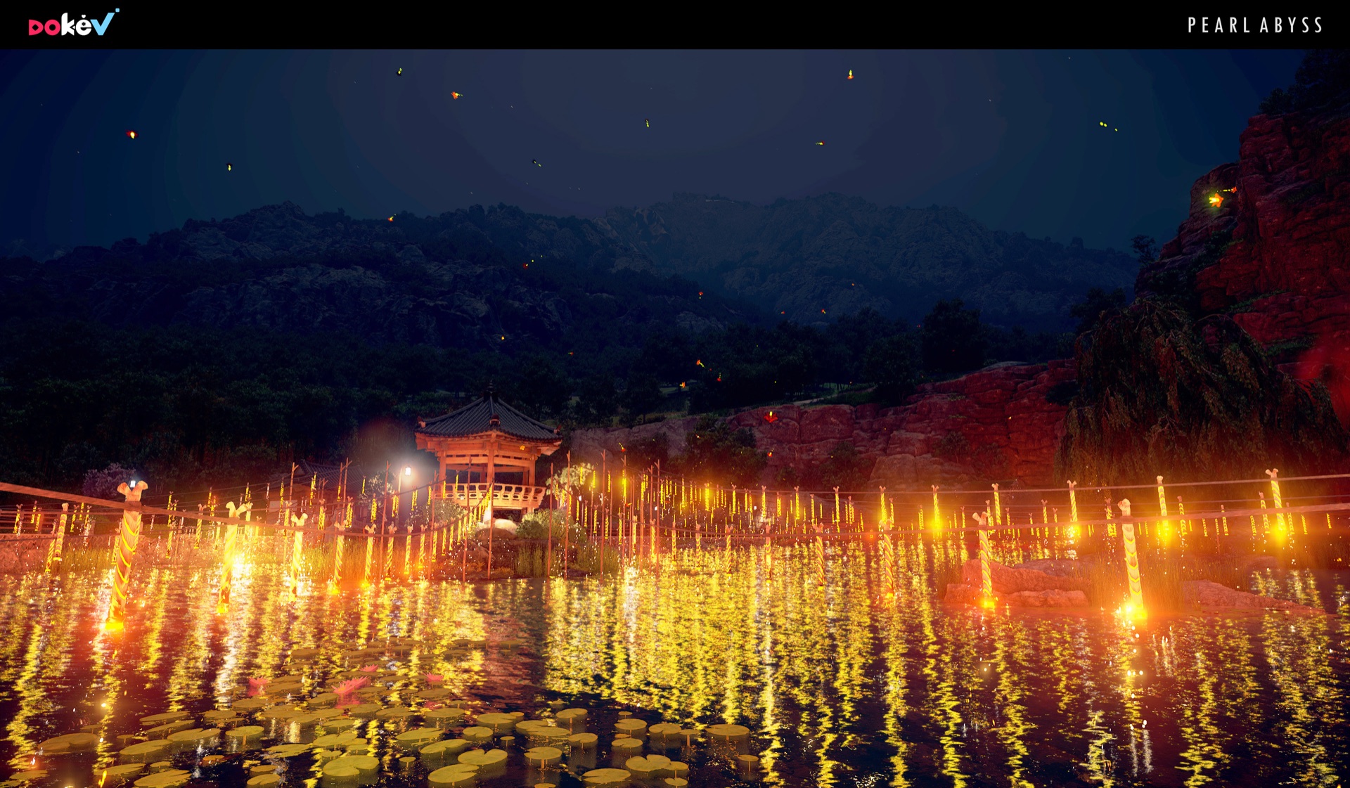 Official DokeV screenshot of a night lake covered in floating lanterns in front of a traditional pavilion