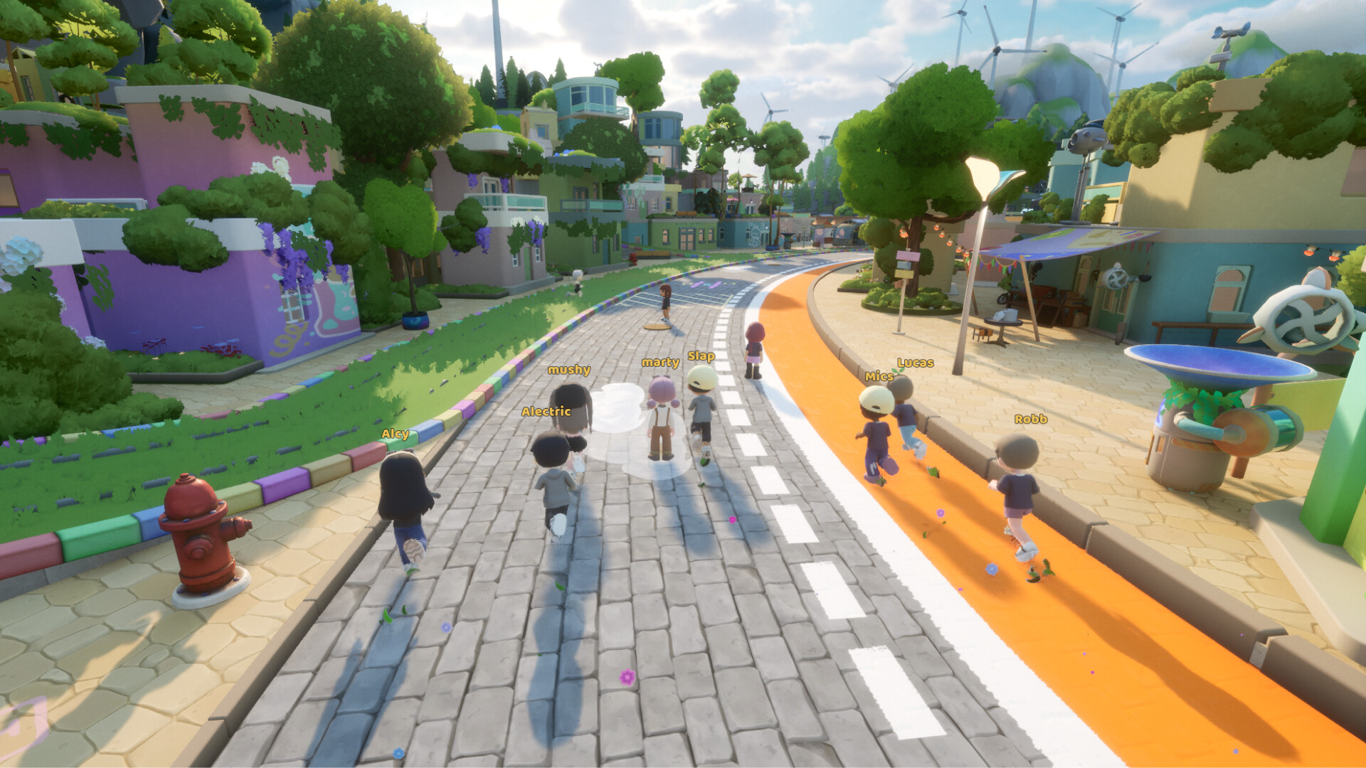 Loftians travel along a landscaped city street.