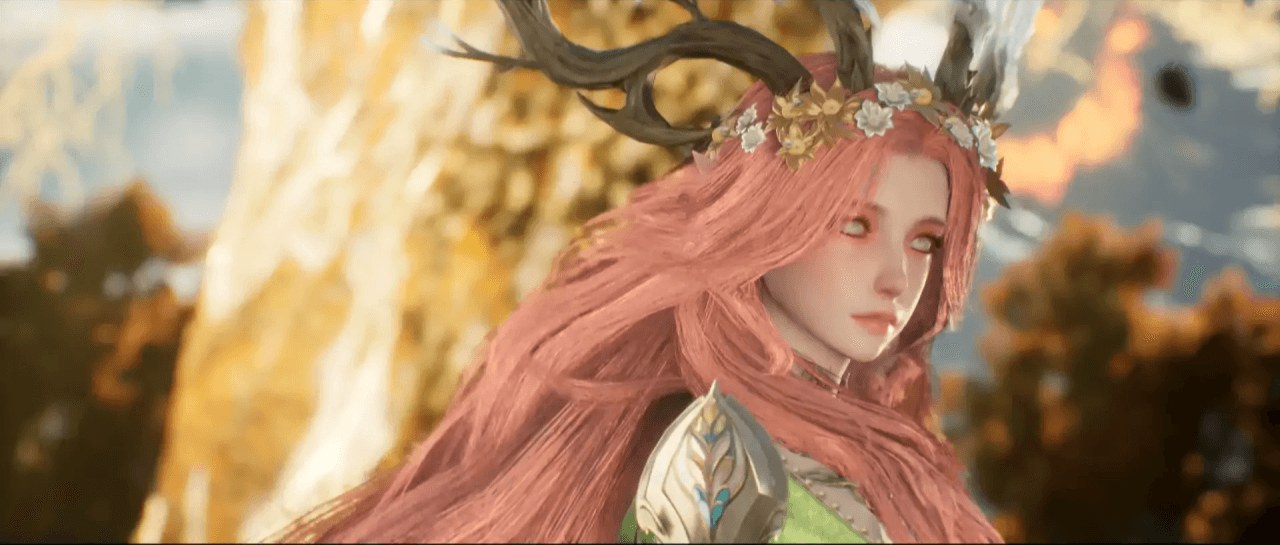 西尔维娅, the final boss of the Tree of Abundance dungeon in Lord of Mysteries, with long pink hair, antlers and a flower crown against an autumn cliff