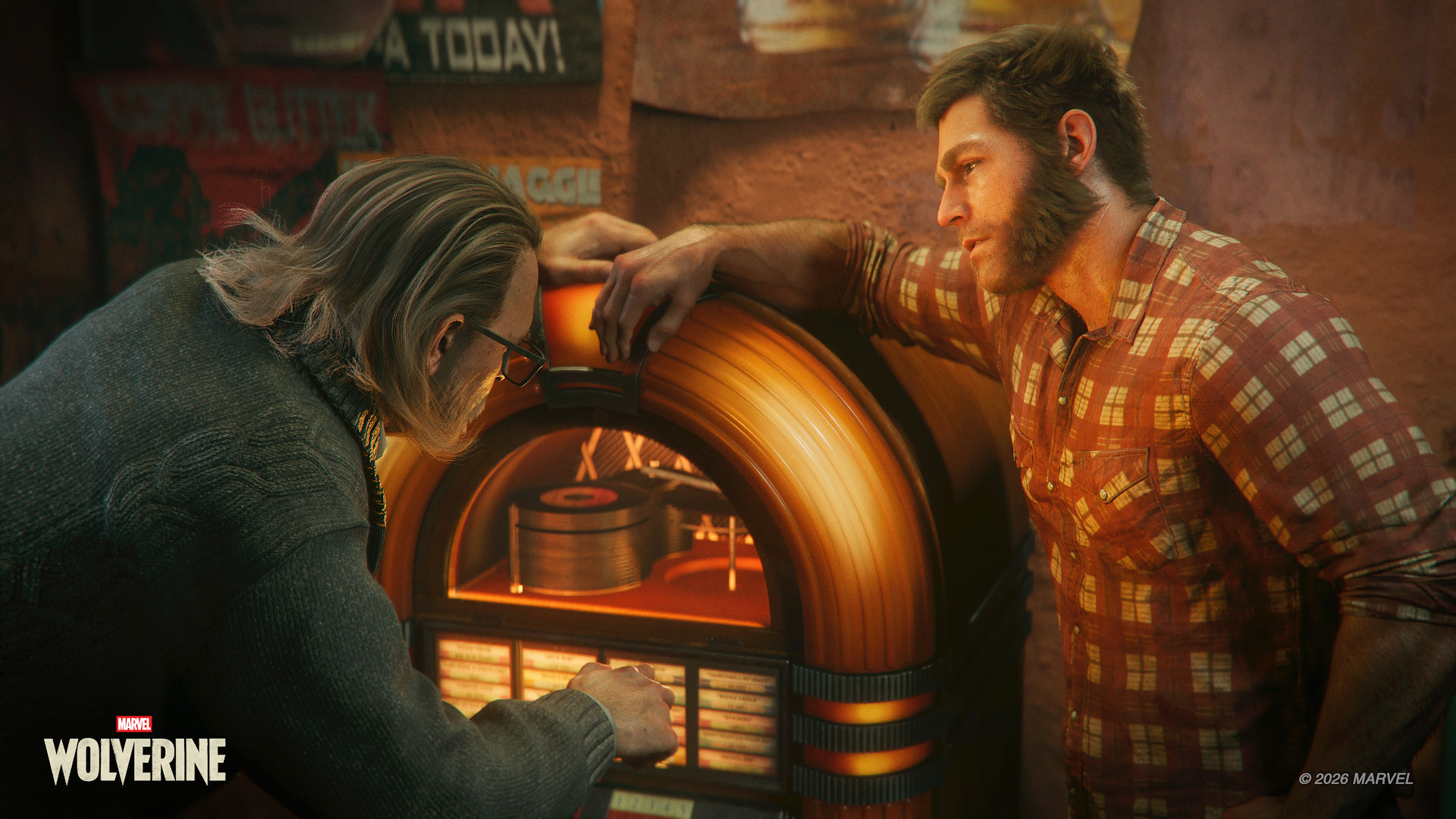 Logan in a plaid shirt leaning on a lit vintage jukebox in a bar interior, talking to a grey-haired man in glasses