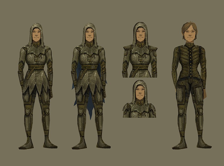 Concept art turnaround of a chain armour set shown on several character builds