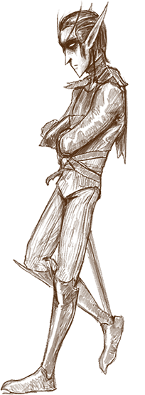 Concept sketch of a Deep Elf man striding forward in dark layered clothing