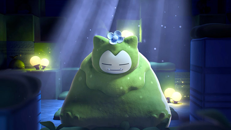 Interacting with Mosslax showing the sleepy grass-type Snorlax variant's personality