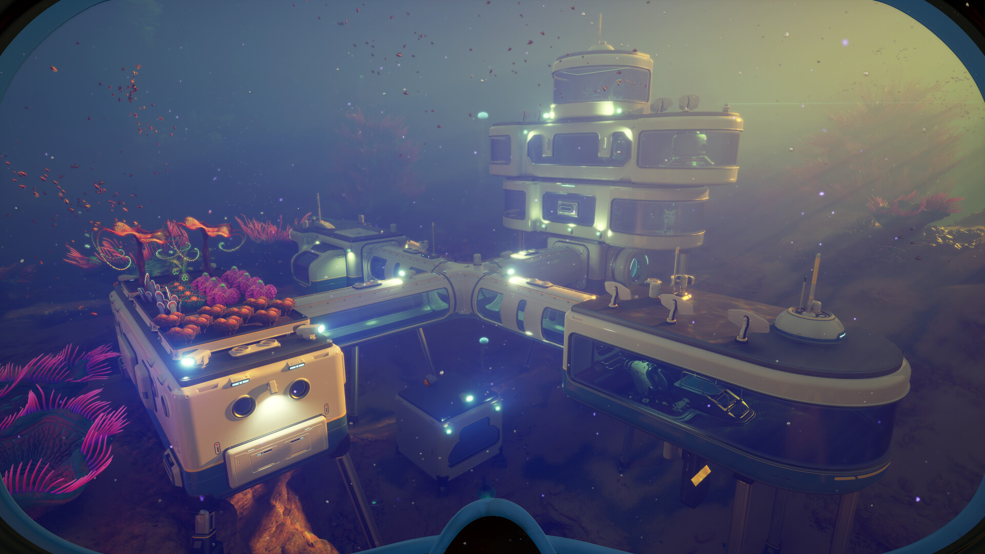 Modular underwater base with connected rooms and glass corridors