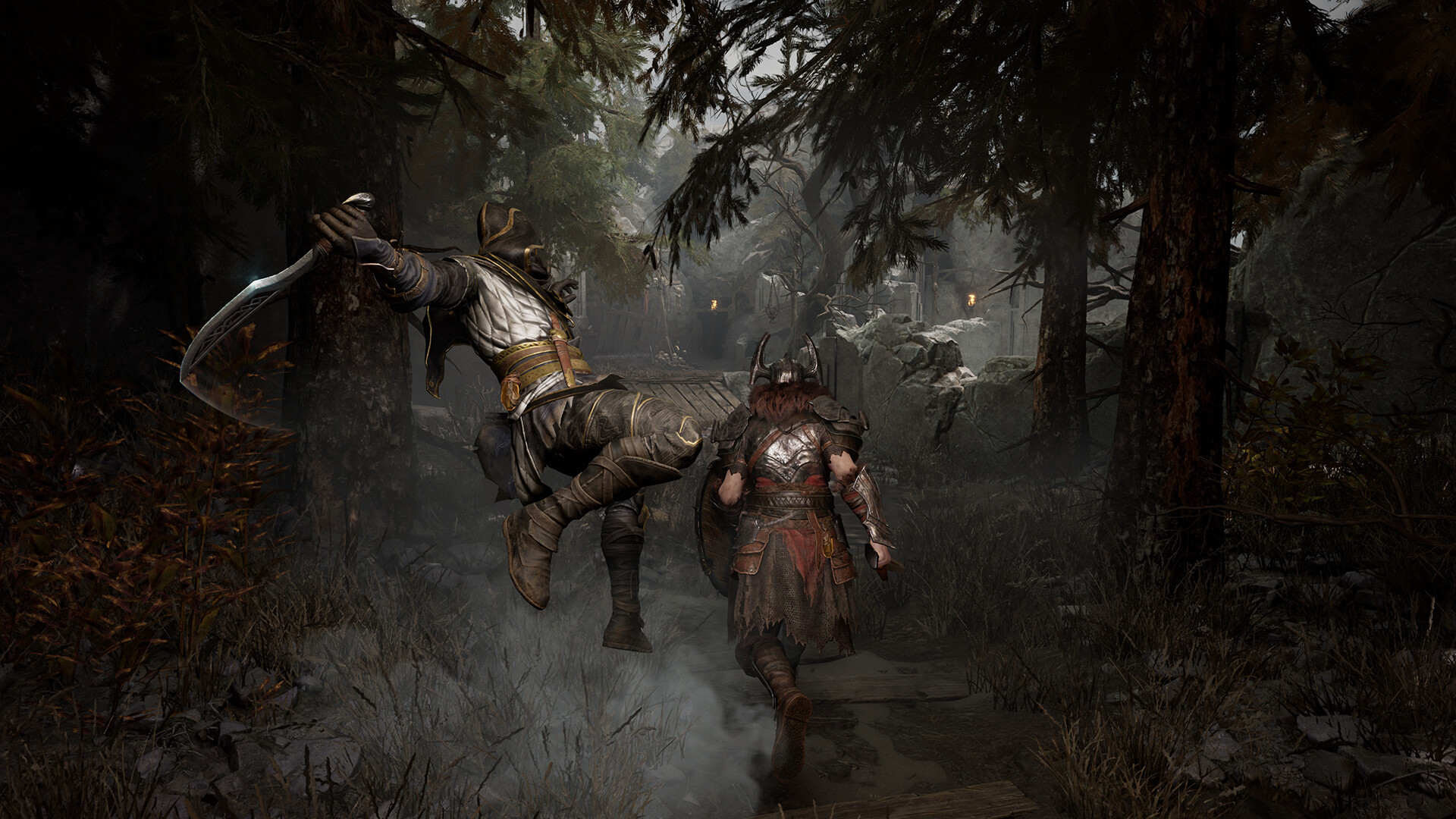 Two hunters fight on a forest trail, one leaping with a curved blade toward a shield-bearing opponent as torchlit ruins glow behind them