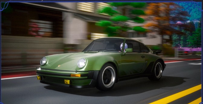 A green Porsche 911 Turbo (930) driving along a tree lined road in Hethereau, one of the two Porsche models announced for Version 1.4