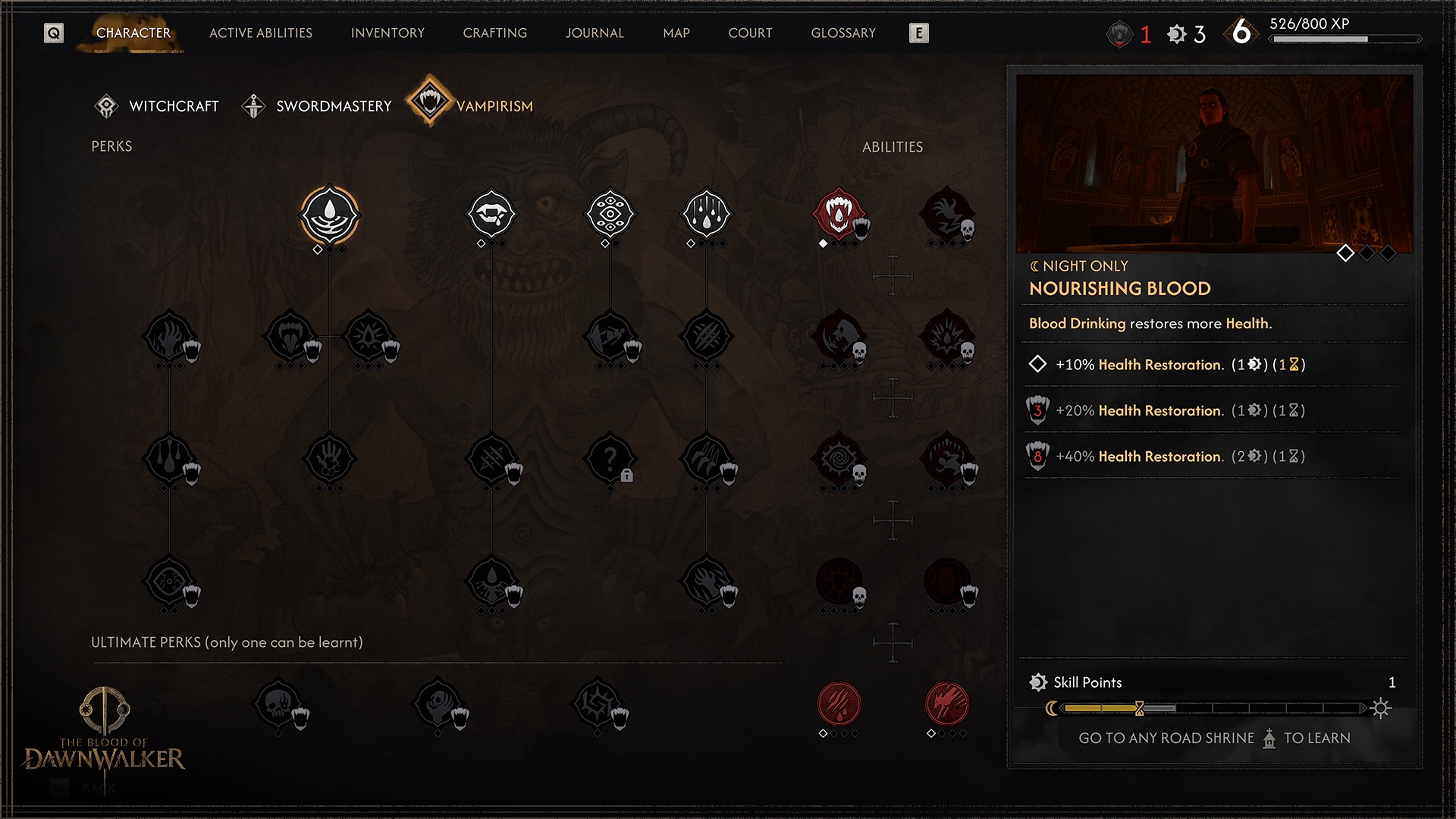 The Vampirism skill tree screen, with perks, abilities, ultimate perks and the night-only Nourishing Blood perk selected