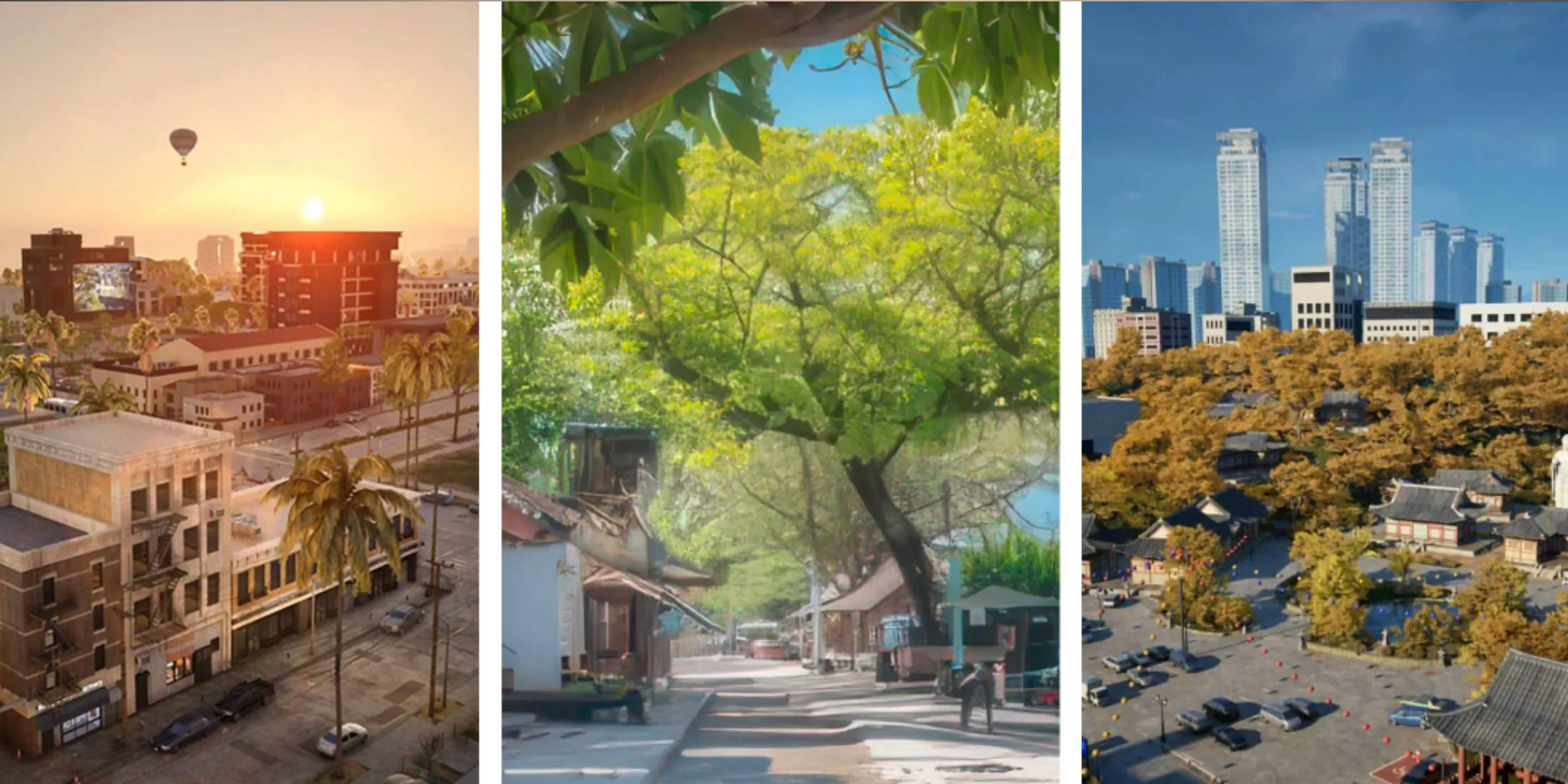 Overview of the three playable cities in inZOI: Dowon, Bliss Bay, and Cahaya