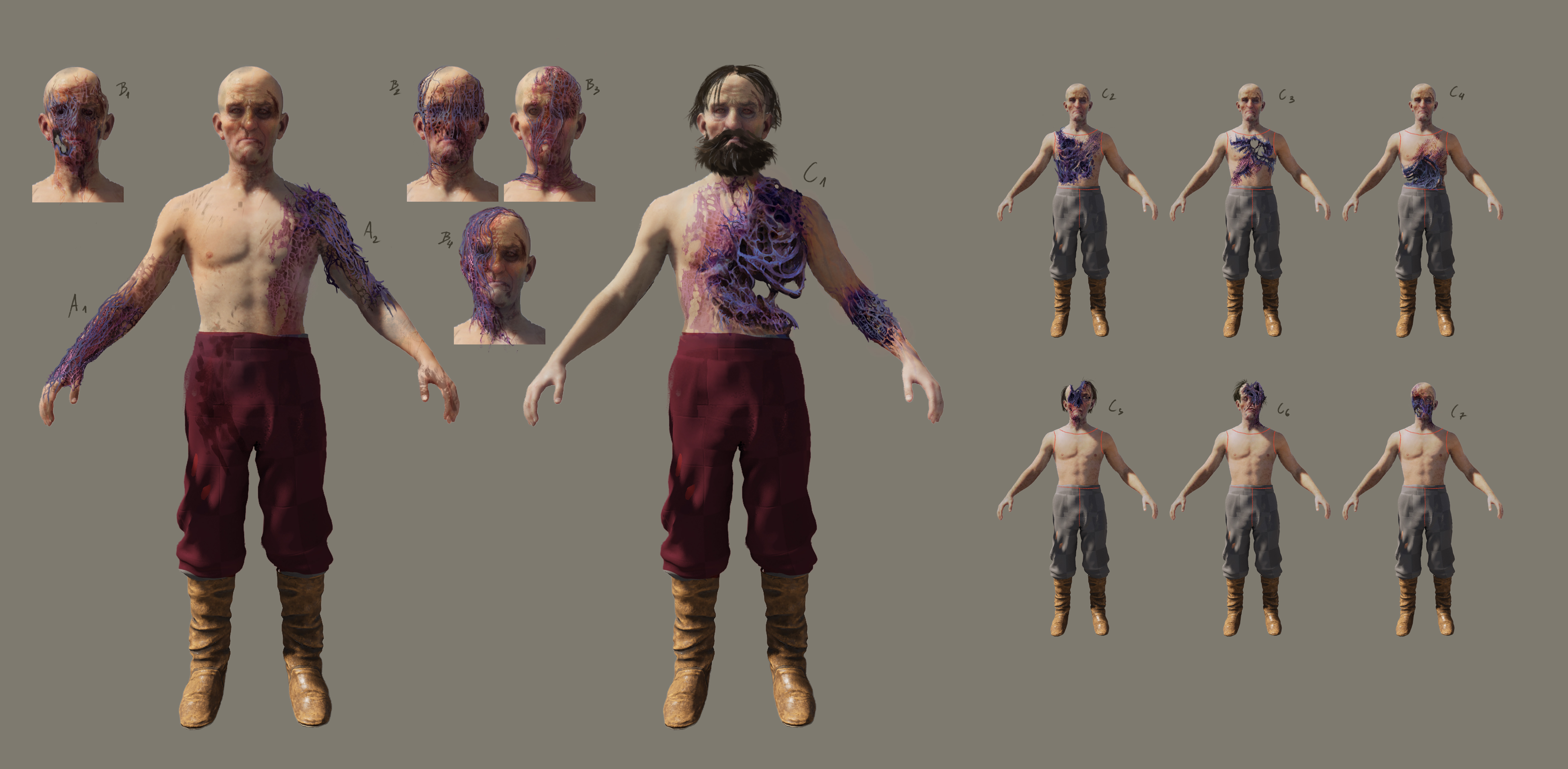 Official concept art sheet of corrupted villagers: two bare-chested townsmen in knee breeches and tall leather boots with violet plague tissue spreading across an arm and shoulder, beside lettered rows of alternate heads and bodies