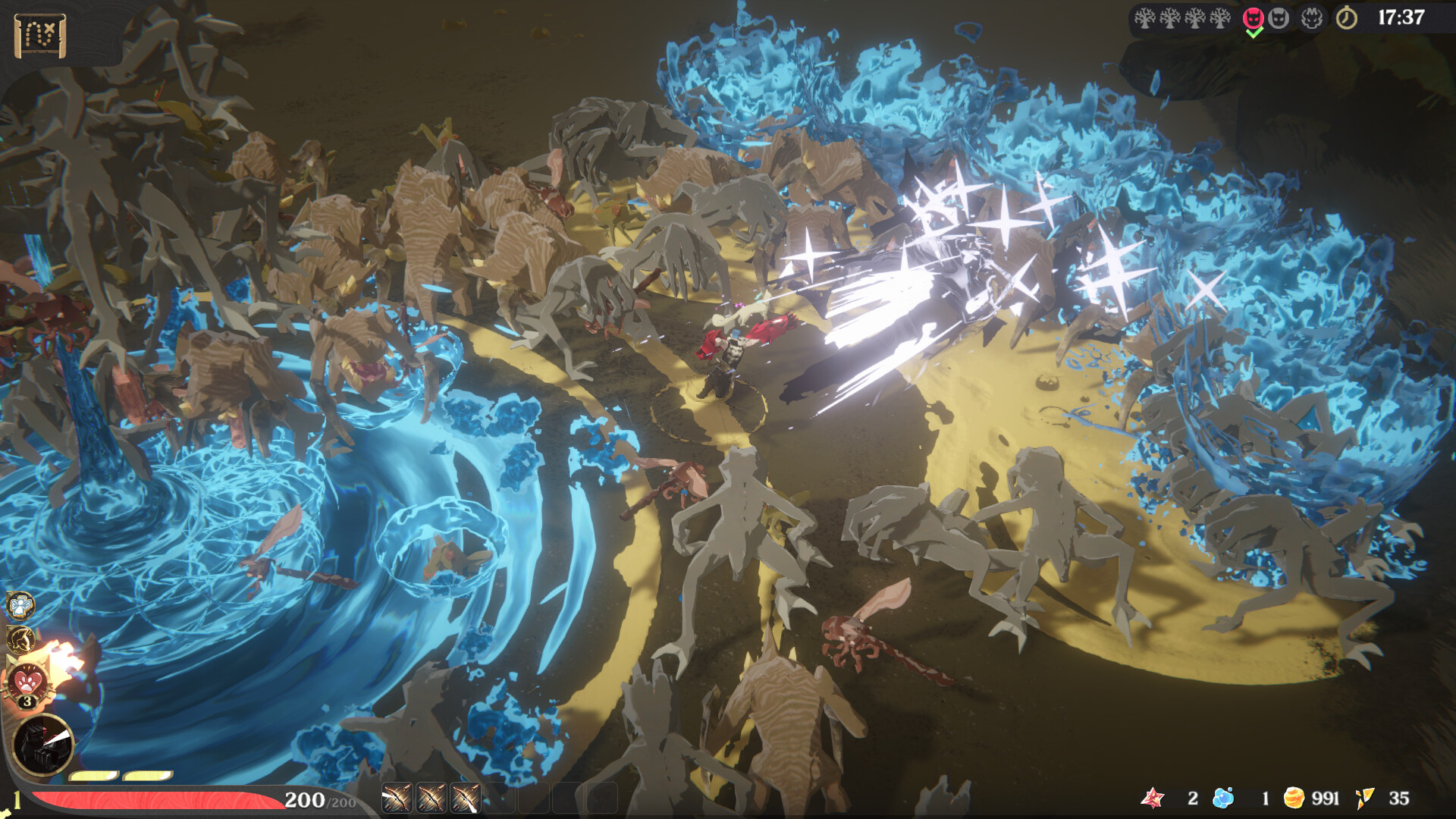 Ember and Blade horde fight across a murky marsh, with a wide beam attack carving a lane through pale demons