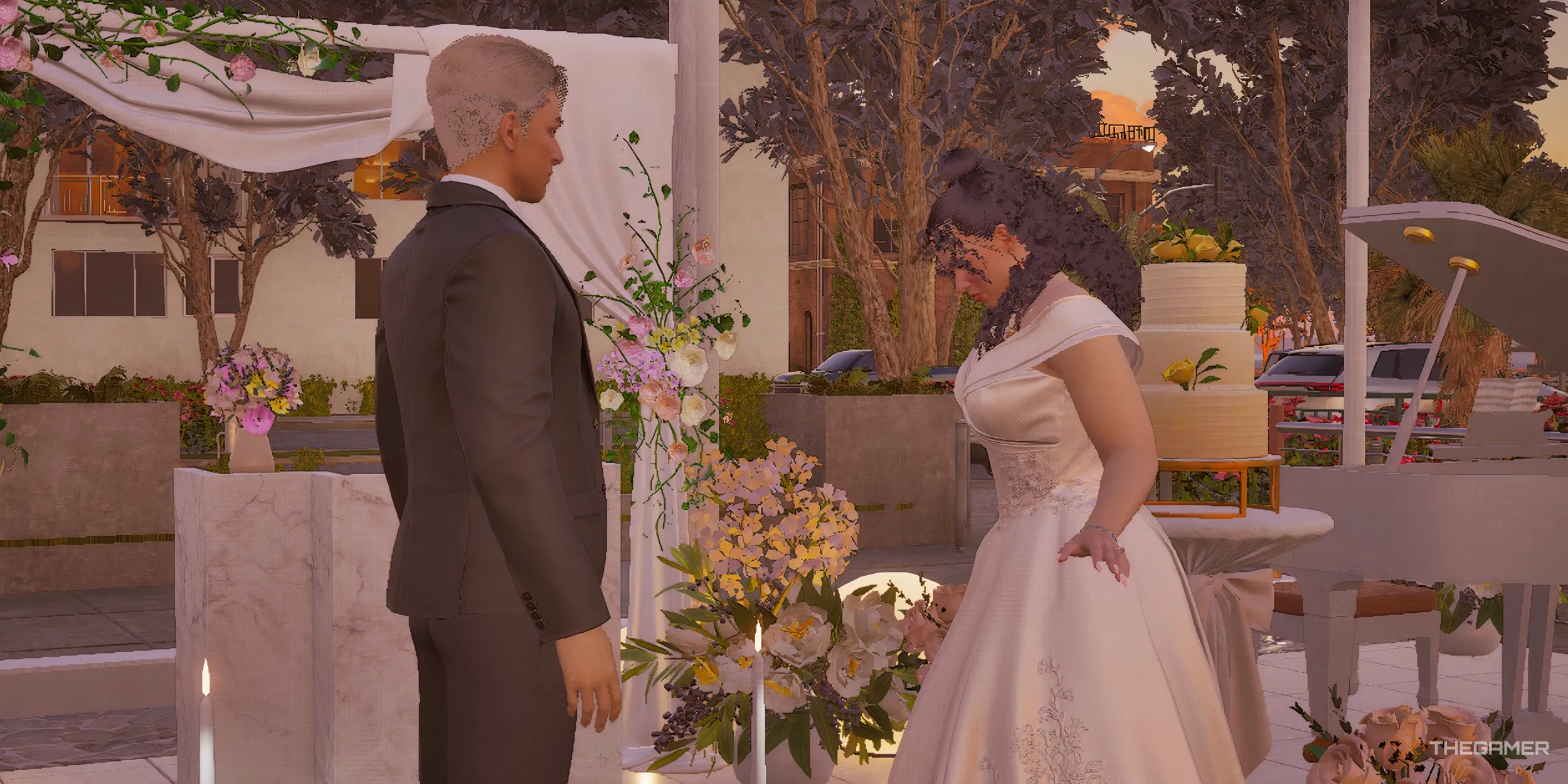 Two Zois at a wedding altar during a sunset ceremony in inZOI