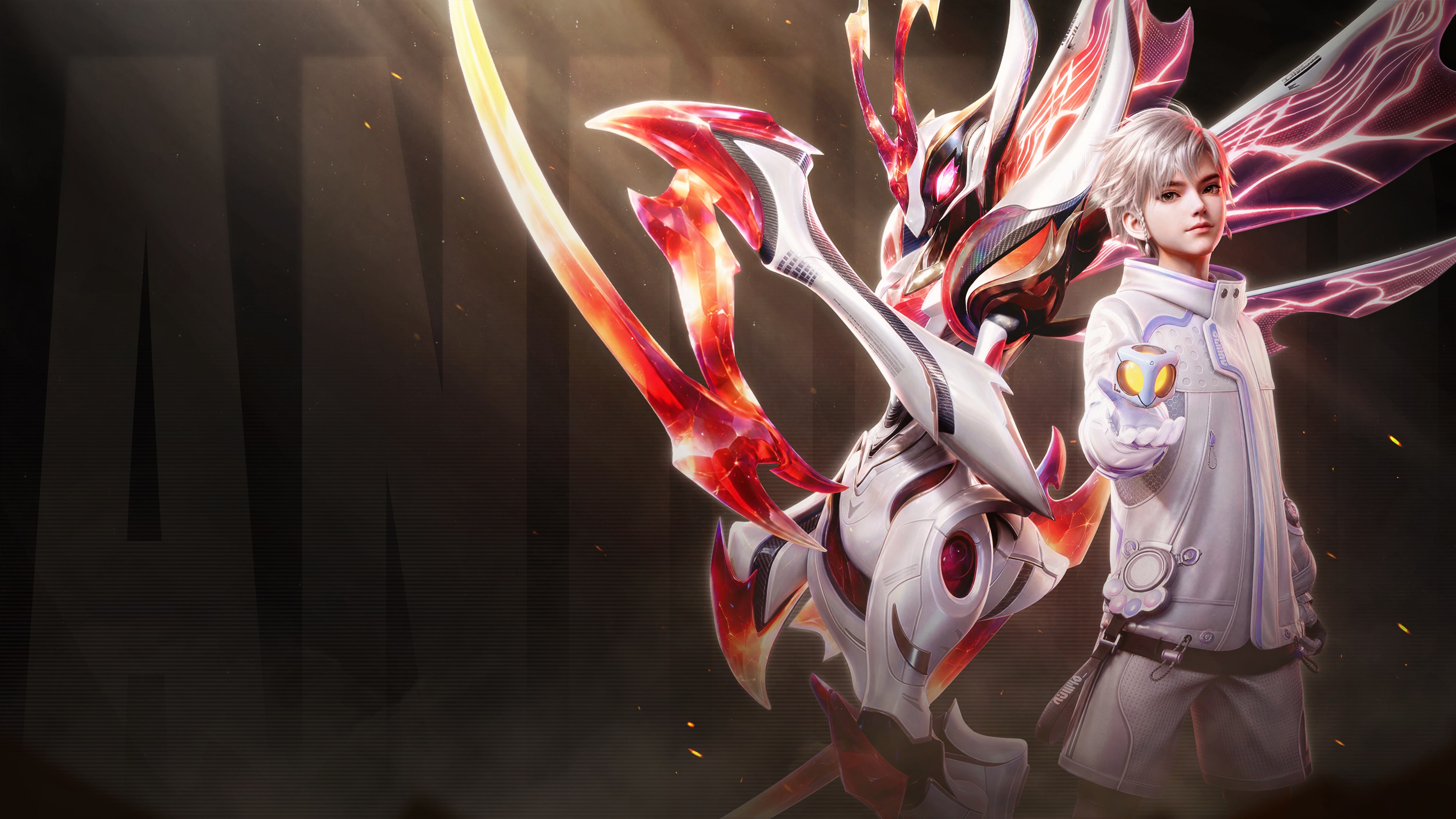 Key art of a Pathfinder standing beside a tall white and crimson winged Aniimo in a dim hall