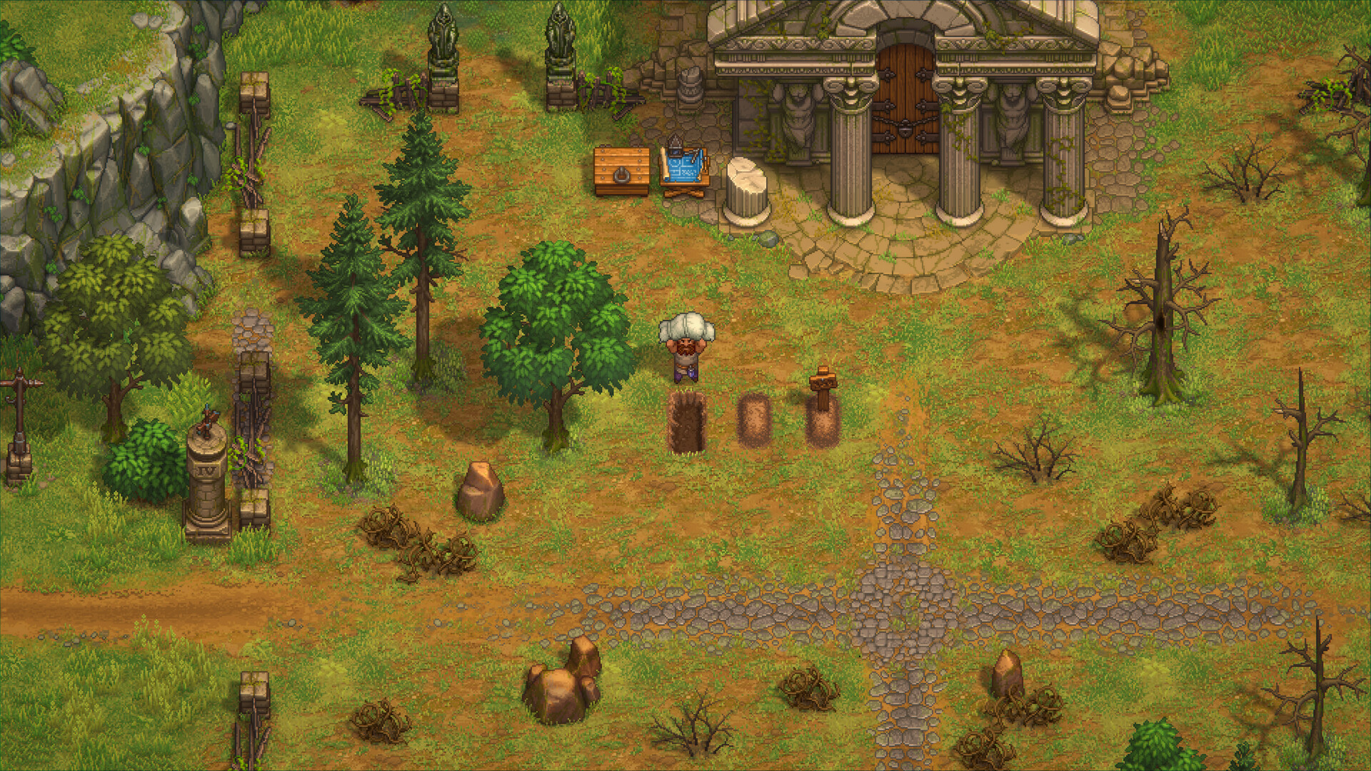 Graveyard Keeper 2 demo screenshot of the graveyard by day, with the Keeper carrying a wrapped body over one shoulder toward three plots, one freshly dug, one filled and one marked with a wooden cross, in front of the columned mausoleum