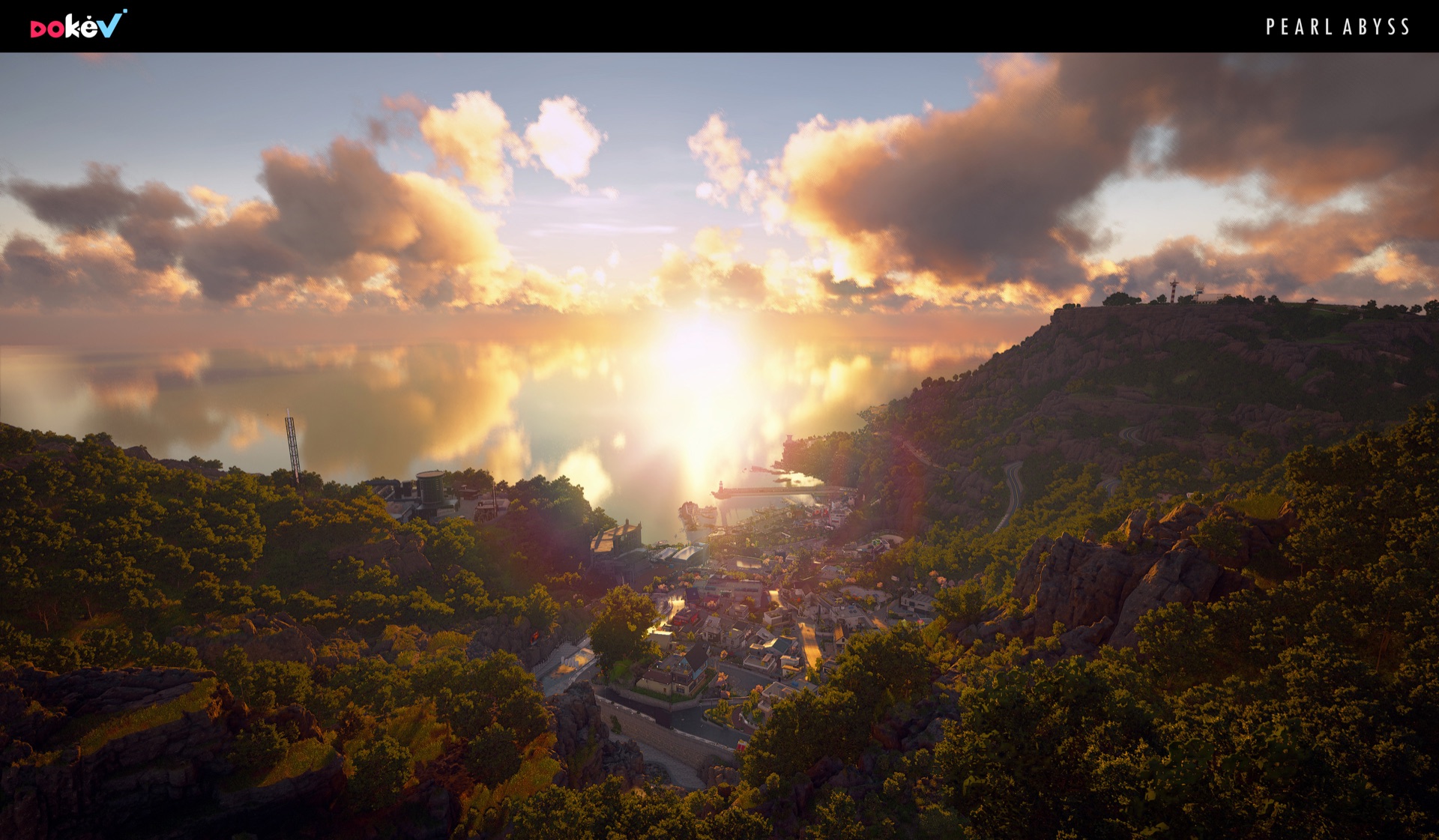 Official DokeV screenshot of sunset over a coastal town seen from a forested ridge