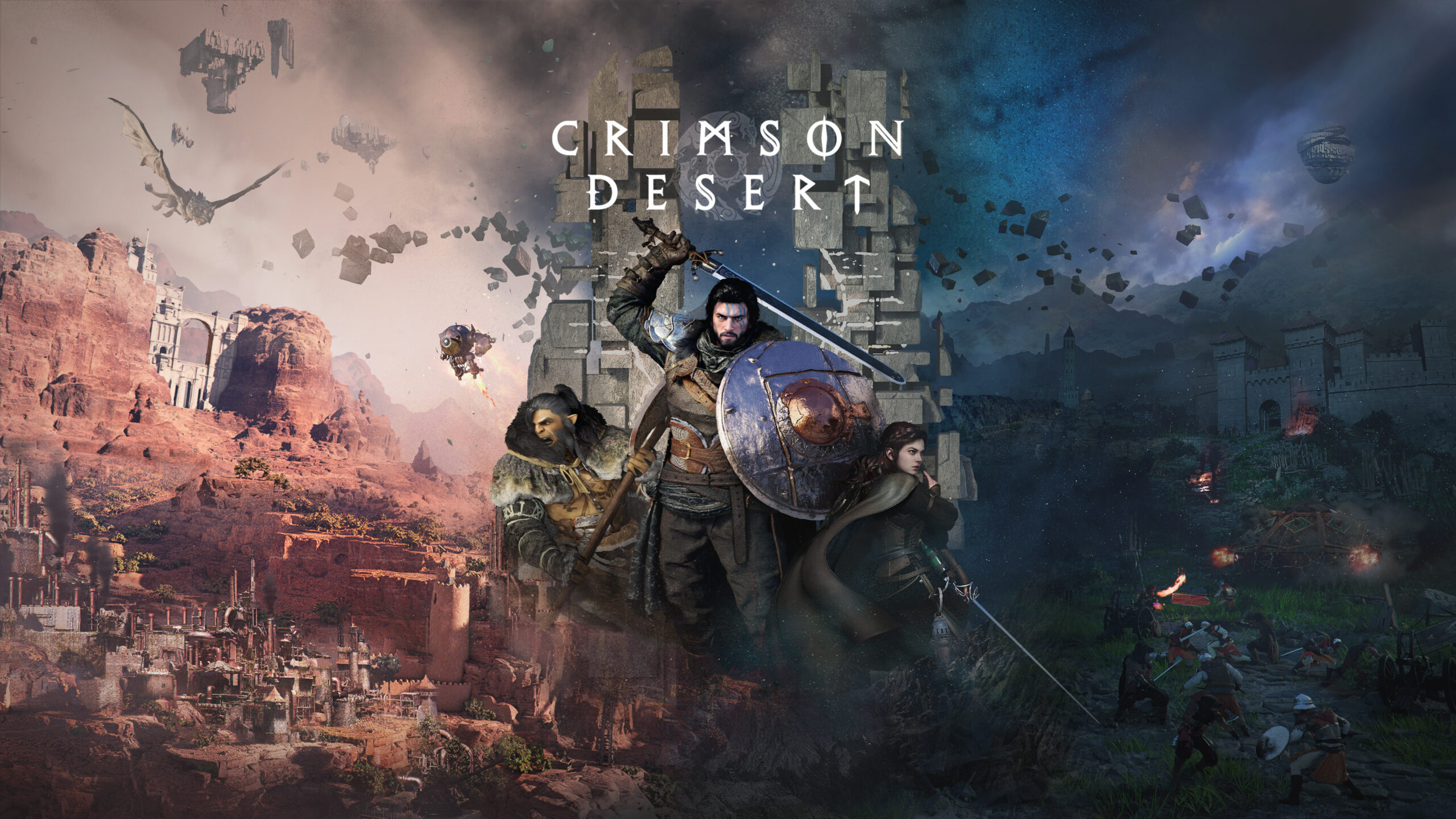 Crimson Desert official key art featuring Kliff and the continent of Pywel