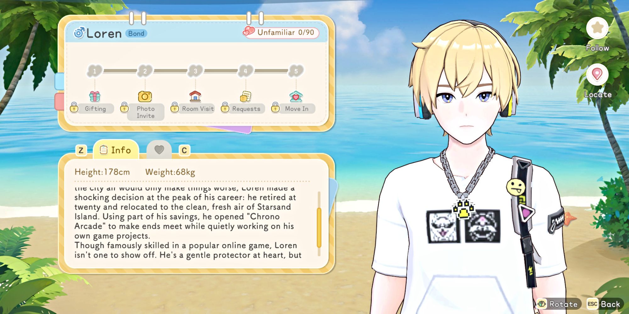 Loren, the arcade owner at Chrono Arcade in Starsand Island