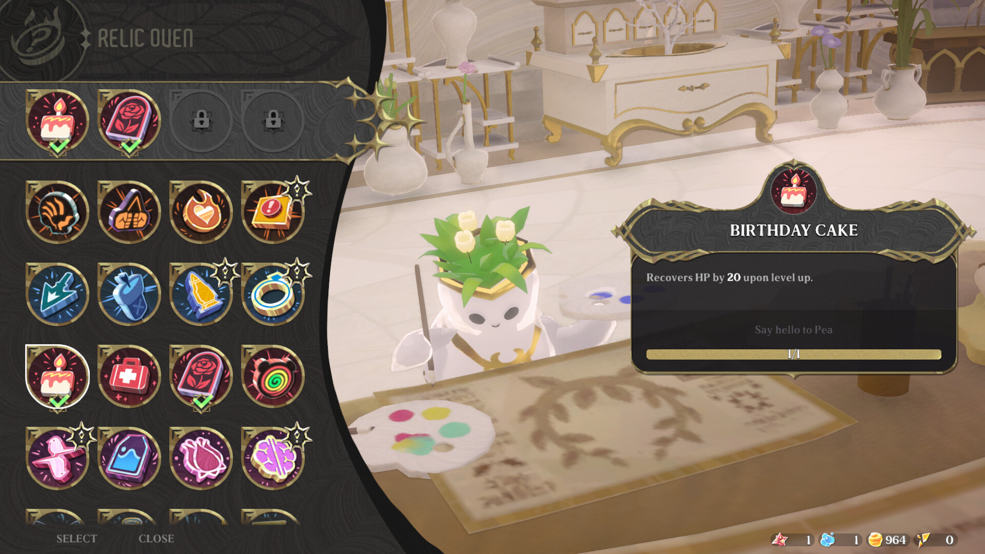 Ember and Blade Relic Oven interface showing relic slots and a Birthday Cake relic that recovers health on level up