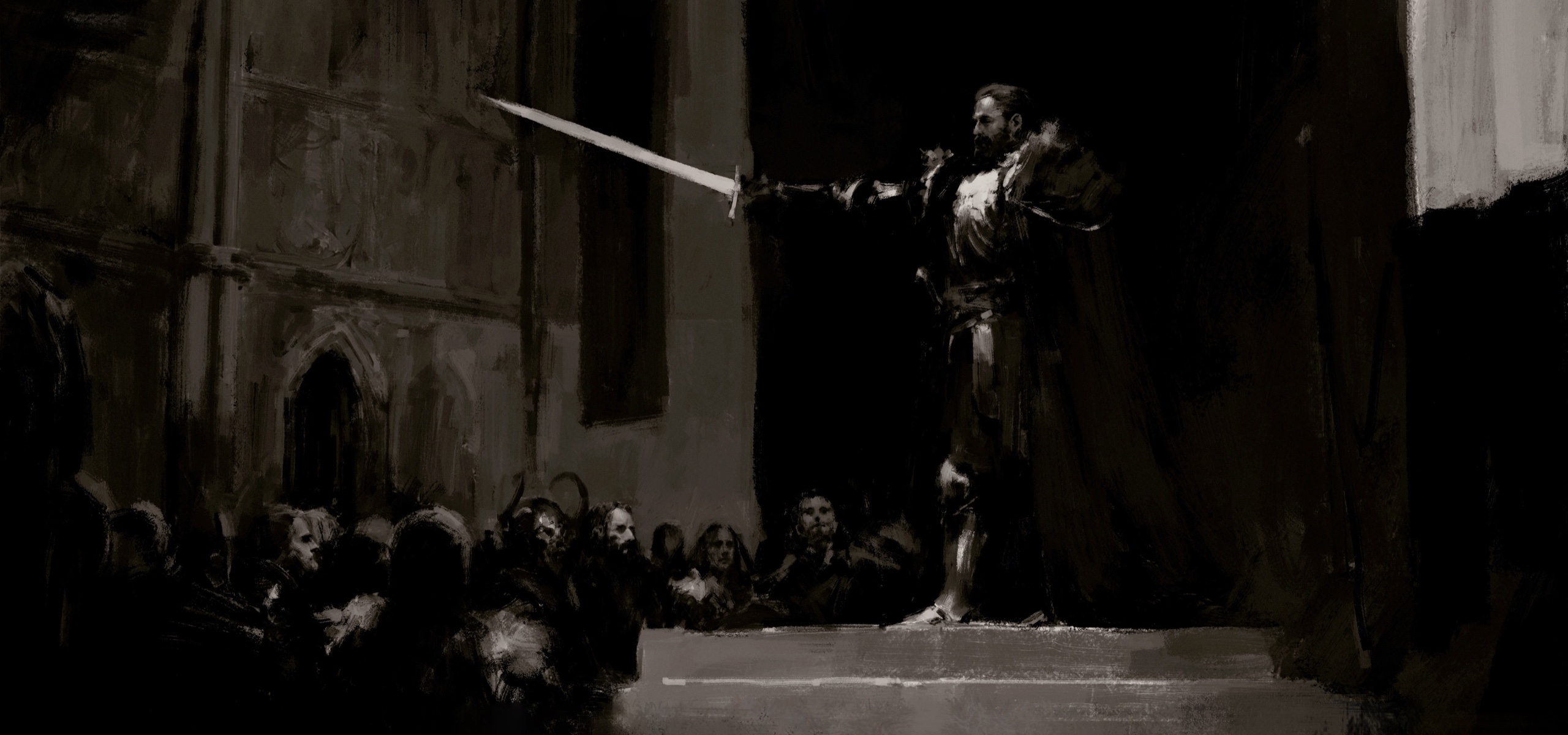 Concept painting of an armoured figure raising a sword before a seated crowd in a dark hall, published under the Heir to a Lost Kingdom heading of the reveal post