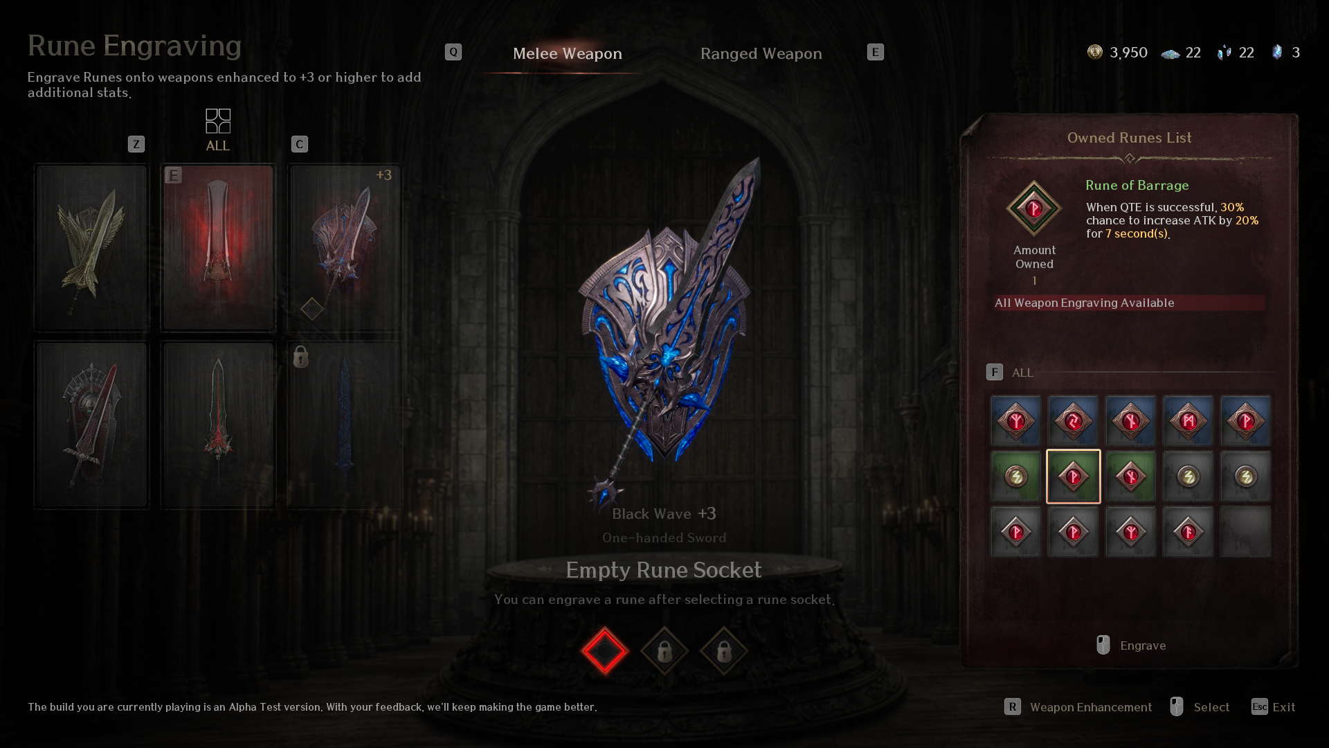 Rune Engraving screen from the EVILBANE playtest showing a One-handed Sword at +3 with an empty rune socket and a list of owned runes