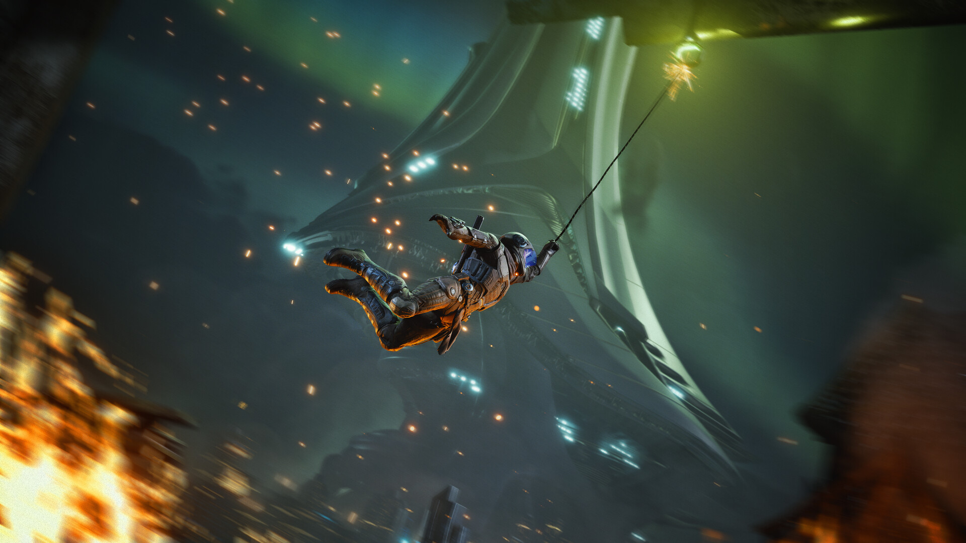 A Traveler swinging on a Railclaw line through the open interior of a vast structure, with fire and debris blurring past below
