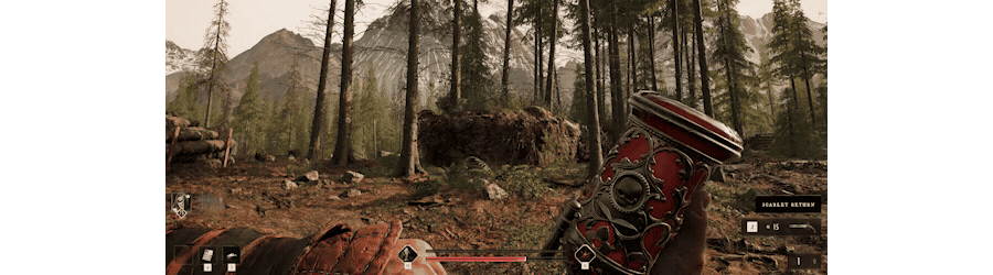 A first-person view of a Living holding an ornate Bloodbag in the field, with the health bar visible below