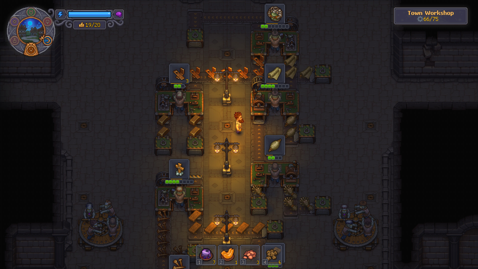 Graveyard Keeper 2 screenshot showing defensive fortifications and watchtowers built around the town perimeter