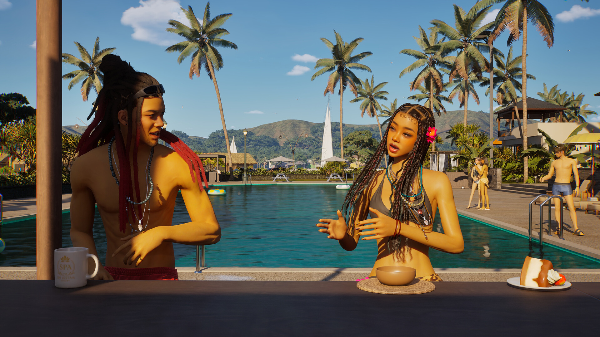 Zois socializing at the resort poolside bar in Cahaya