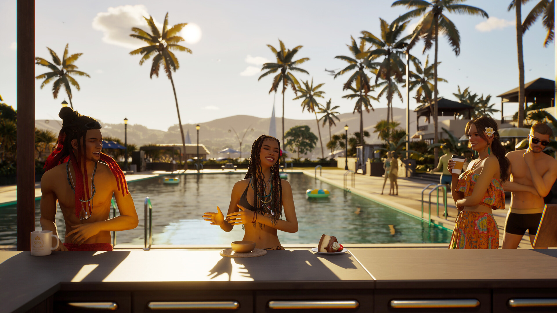 Zois chatting and relaxing at a resort poolside lounge