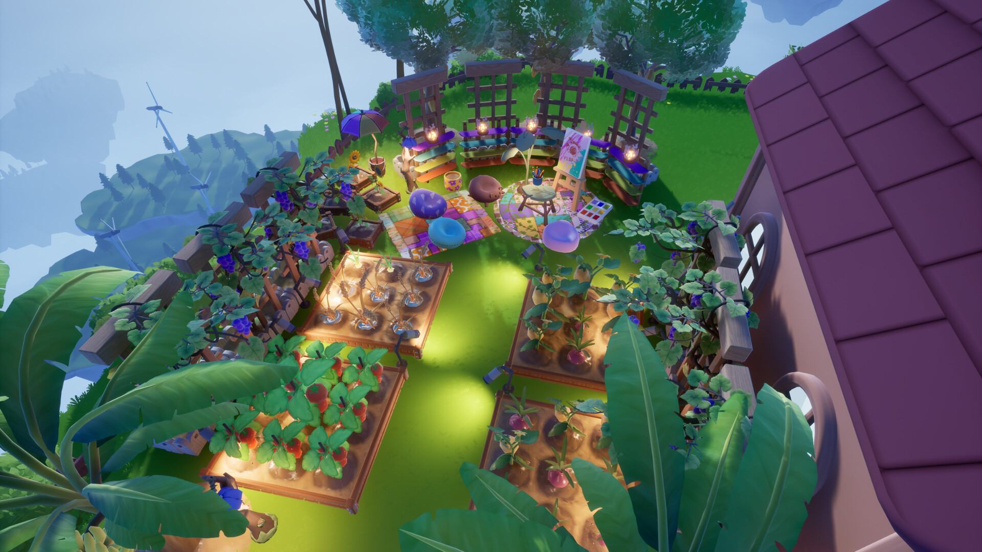 Rows of leafy crops, trellises and planters beside a Loftia home.
