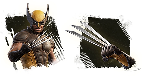 Two-panel render showing Wolverine in the brown suit with claws out beside an isolated close-up of a claw set
