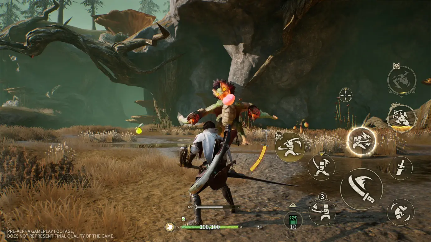 Pre-alpha footage of the Fated Adventurer using the Long Sword against a monster in a forest, with the mobile skill buttons on screen