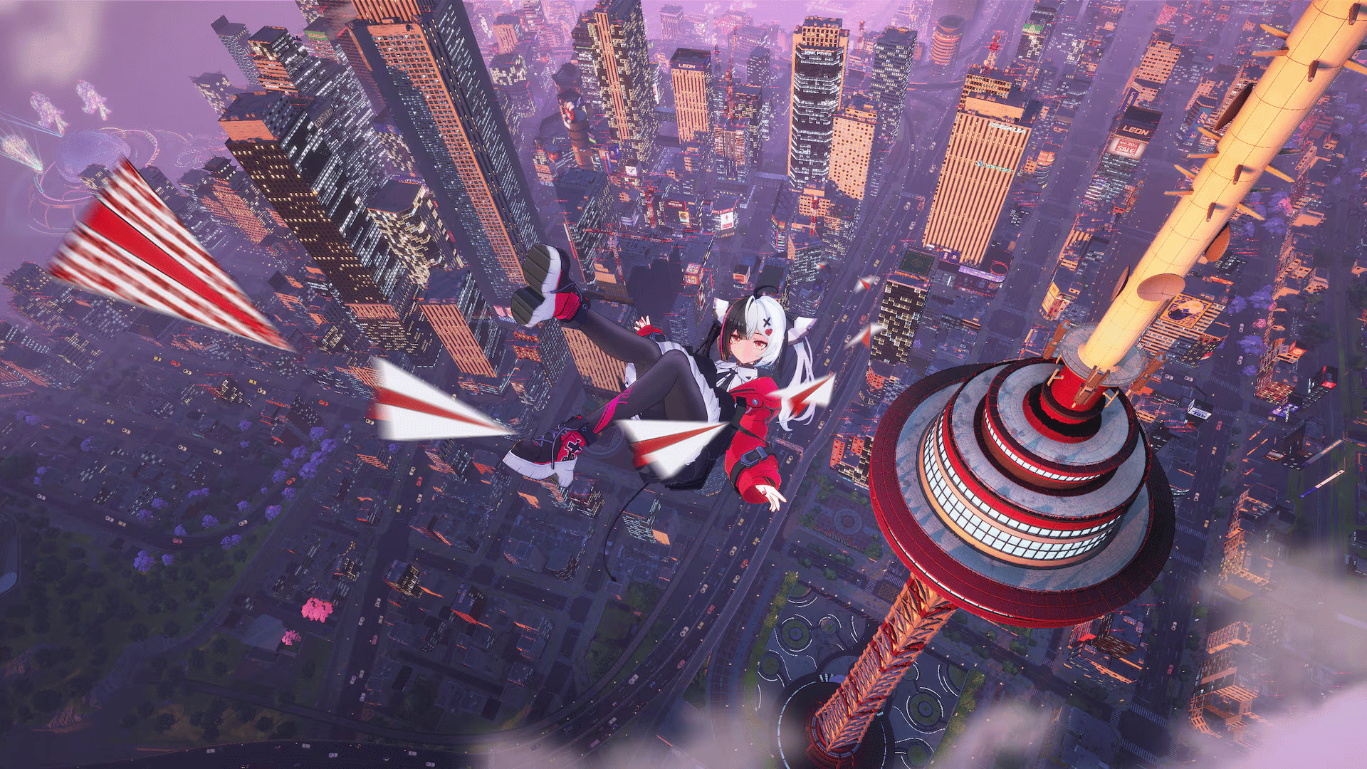 A character soaring through the Hethereau skyline near a landmark tower in Neverness to Everness
