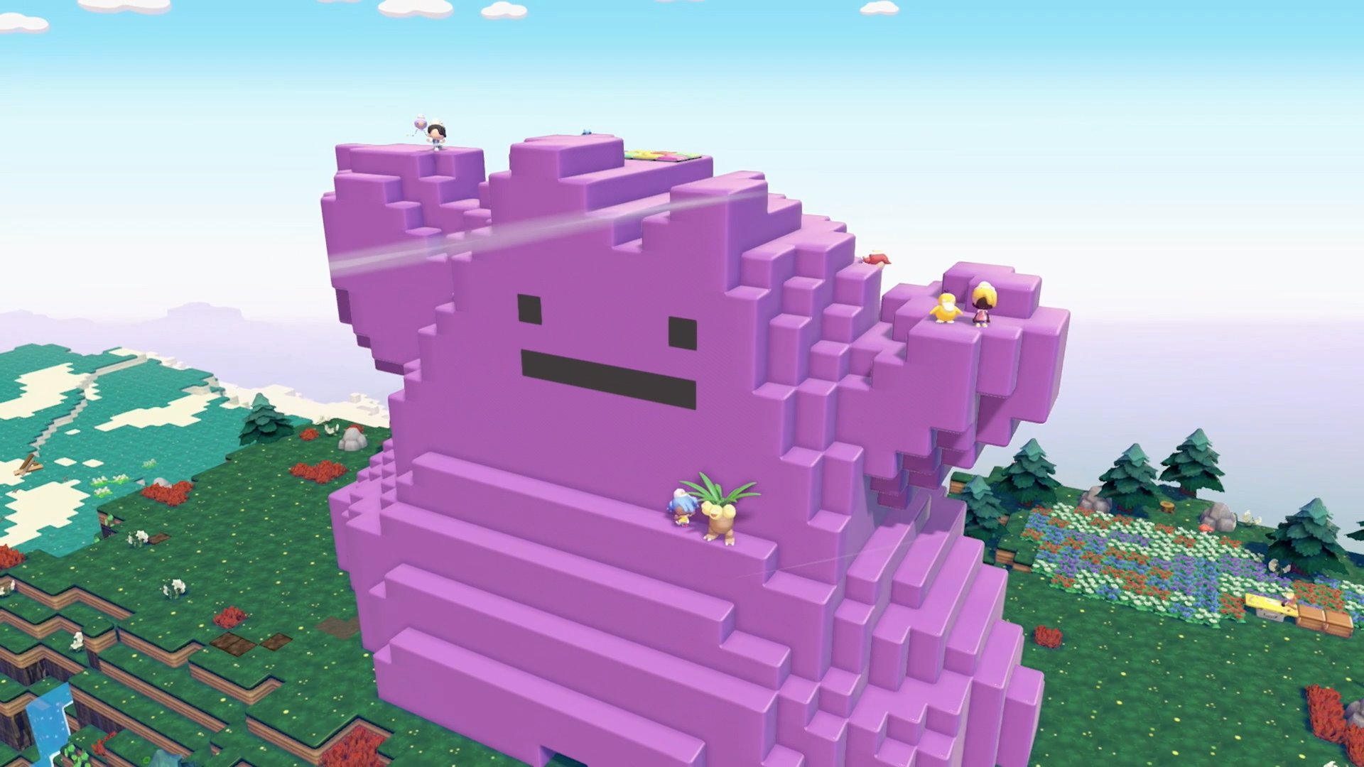 A massive purple voxel-style Ditto statue landmark towering over the landscape with players climbing on it