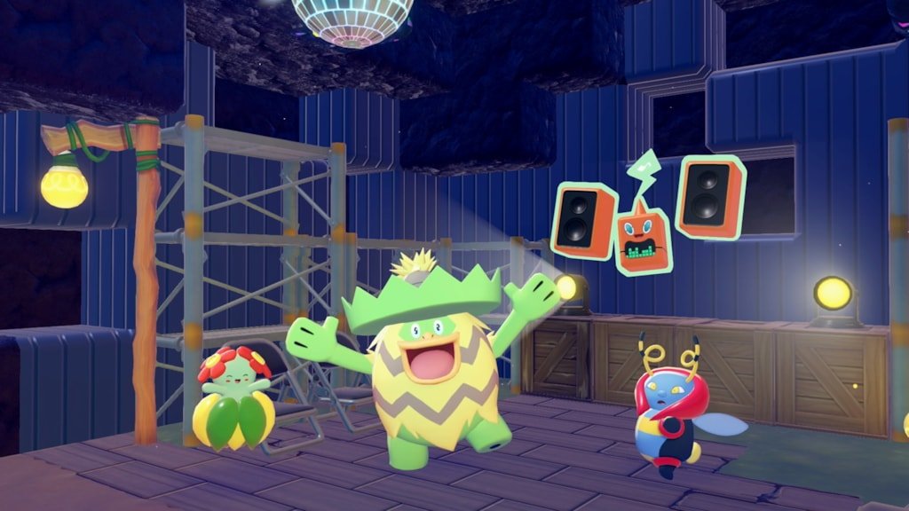 Ludicolo dancing excitedly at a party venue with DJ Rotom, Vileplume, and Volbeat under a disco ball in Rocky Ridges