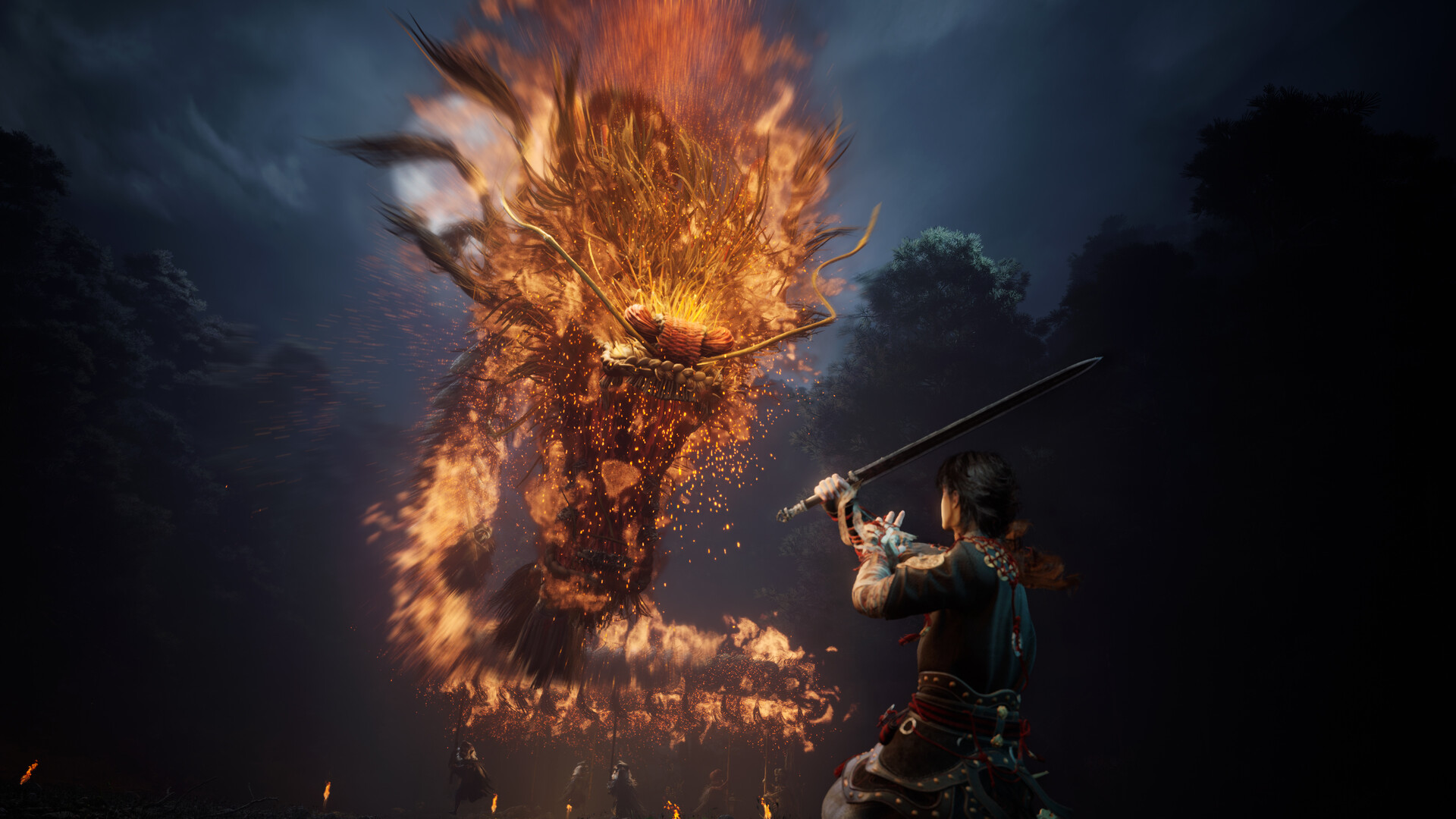 A burning, feathered giant looms over torch-bearing figures at night while the player character raises a sword towards it.