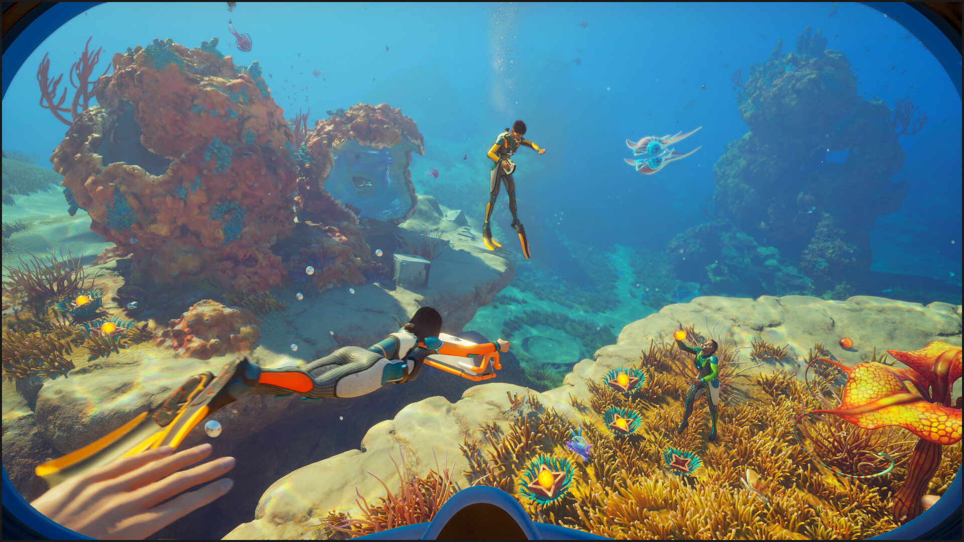 Three divers exploring a shallow alien reef from another diver's viewpoint
