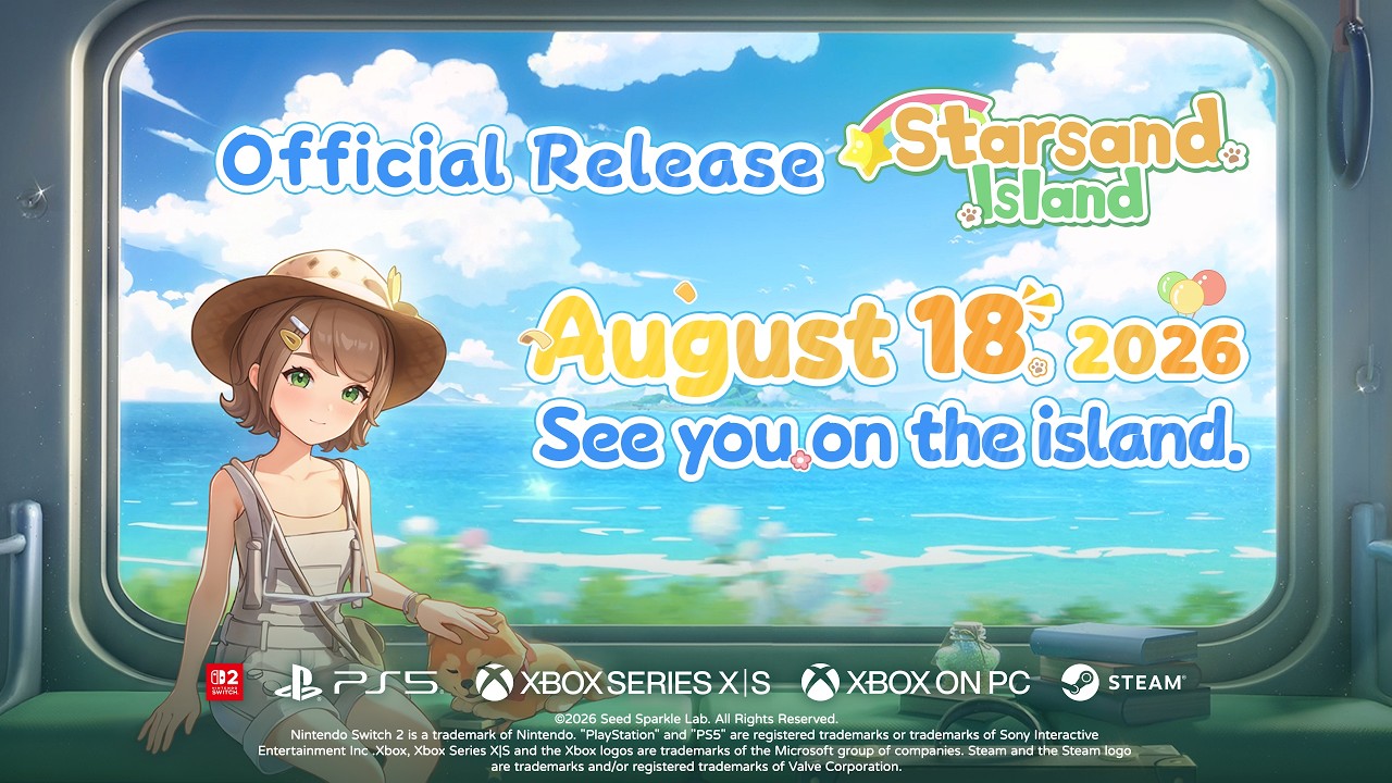 Starsand Island Version 1.0 release date announcement key art for the August 18, 2026 launch