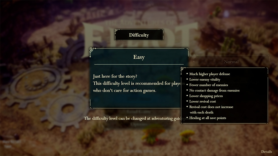 The difficulty selection screen with the Easy option chosen and its list of changes such as higher defense, fewer enemies and healing at all save points